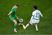 6 June 2025; Evan Ferguson of Republic of Ireland in action against Abdou Diallo of Senegal during the international friendly match between Republic of Ireland and Senegal at the Aviva Stadium in Dublin. Photo by Piaras Ó Mídheach/Sportsfile