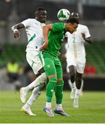 6 June 2025; Adam Idah of Republic of Ireland in action against Antoine Mendy of Senegal during the international friendly match between Republic of Ireland and Senegal at the Aviva Stadium in Dublin. Photo by David Fitzgerald/Sportsfile