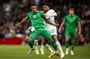 6 June 2025; Adam Idah of Republic of Ireland in action against Abdou Diallo of Senegal during the international friendly match between Republic of Ireland and Senegal at the Aviva Stadium in Dublin. Photo by Michael P Ryan/Sportsfile