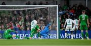 6 June 2025; Ismaïla Sarr of Senegal, 18, scores his side's first goal past Republic of Ireland goalkeeper Caoimhin Kelleher during the international friendly match between Republic of Ireland and Senegal at the Aviva Stadium in Dublin. Photo by Stephen McCarthy/Sportsfile