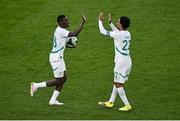 6 June 2025; Ismaïla Sarr of Senegal, left, celebrates with team-mate Abdou Diallo after scoring their side's first goal during the international friendly match between Republic of Ireland and Senegal at the Aviva Stadium in Dublin. Photo by Piaras Ó Mídheach/Sportsfile