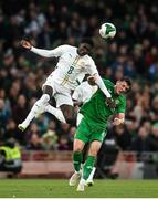 6 June 2025; Jason Knight of Republic of Ireland in action against Lamine Camara of Senegal during the international friendly match between Republic of Ireland and Senegal at the Aviva Stadium in Dublin. Photo by David Fitzgerald/Sportsfile