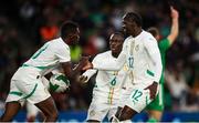 6 June 2025; Ismaïla Sarr, left, celebrates with Senegal teammates Habib Diarra, centre, and Cherif Ndiaye after scoring their side's first goal during the international friendly match between Republic of Ireland and Senegal at the Aviva Stadium in Dublin. Photo by Michael P Ryan/Sportsfile