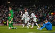 6 June 2025; Ismaïla Sarr of Senegal is congratulated by teammates after scoring their side's first goal during the international friendly match between Republic of Ireland and Senegal at the Aviva Stadium in Dublin. Photo by Ben McShane/Sportsfile