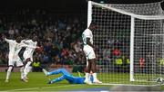 6 June 2025; Ismaïla Sarr of Senegal celebrates after scoring his side's first goal during the international friendly match between Republic of Ireland and Senegal at the Aviva Stadium in Dublin. Photo by Ben McShane/Sportsfile