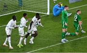 6 June 2025; Ismaïla Sarr of Senegal, centre, celebrates after scoring his side's first goal during the international friendly match between Republic of Ireland and Senegal at the Aviva Stadium in Dublin. Photo by Piaras Ó Mídheach/Sportsfile