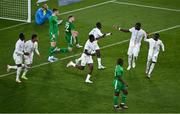 6 June 2025; Ismaïla Sarr of Senegal, centre, celebrates after scoring his side's first goal during the international friendly match between Republic of Ireland and Senegal at the Aviva Stadium in Dublin. Photo by Piaras Ó Mídheach/Sportsfile