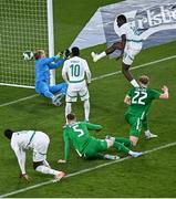 6 June 2025; Ismaïla Sarr of Senegal shoots to score his side's first goal during the international friendly match between Republic of Ireland and Senegal at the Aviva Stadium in Dublin. Photo by Piaras Ó Mídheach/Sportsfile