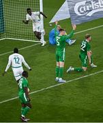 6 June 2025; Ismaïla Sarr of Senegal, left, celebrates after scoring his side's first goal during the international friendly match between Republic of Ireland and Senegal at the Aviva Stadium in Dublin. Photo by Piaras Ó Mídheach/Sportsfile