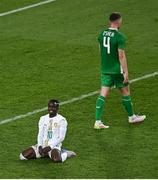 6 June 2025; Cheikh Sabaly of Senegal reacts to a missed opportunity during the international friendly match between Republic of Ireland and Senegal at the Aviva Stadium in Dublin. Photo by Piaras Ó Mídheach/Sportsfile