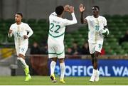 6 June 2025; Ismaïla Sarr of Senegal, right, celebrates with team-mate /Abdou Diallo after scoring their side's first goal during the international friendly match between Republic of Ireland and Senegal at the Aviva Stadium in Dublin. Photo by David Fitzgerald/Sportsfile