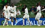 6 June 2025; Ismaïla Sarr of Senegal, centre, celebrates after scoring his side's first goal during the international friendly match between Republic of Ireland and Senegal at the Aviva Stadium in Dublin. Photo by David Fitzgerald/Sportsfile