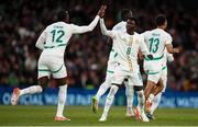 6 June 2025; Cherif Ndiaye, 12, and Lamine Camara of Senegal celebrate their side's first goal, scored by Ismaïla Sarr, during the international friendly match between Republic of Ireland and Senegal at the Aviva Stadium in Dublin. Photo by Michael P Ryan/Sportsfile