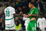 6 June 2025; Adam Idah of Republic of Ireland and Ismaïla Sarr of Senegal after the international friendly match between Republic of Ireland and Senegal at the Aviva Stadium in Dublin. Photo by Ben McShane/Sportsfile