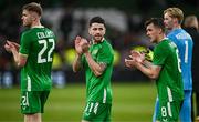 6 June 2025; Republic of Ireland players, from left, Nathan Collins, Robbie Brady, Jason Knight and Caoimhin Kelleher after their side's draw in the international friendly match between Republic of Ireland and Senegal at the Aviva Stadium in Dublin. Photo by Ben McShane/Sportsfile
