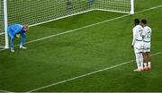 6 June 2025; Republic of Ireland goalkeeper Caoimhin Kelleher prepares for a free kick as Senegal players Cherif Ndiaye, left, and Iliman Ndiaye block his view during the international friendly match between Republic of Ireland and Senegal at the Aviva Stadium in Dublin. Photo by Piaras Ó Mídheach/Sportsfile