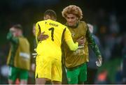 6 June 2025; John Joe Patrick Finn of Republic of Ireland, right, and Senegal goalkeeper Yehvann Diouf after the international friendly match between Republic of Ireland and Senegal at the Aviva Stadium in Dublin. Photo by Stephen McCarthy/Sportsfile