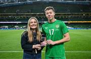 6 June 2025; Kasey McAteer of Republic of Ireland is presented with the player of the match award by Louise O'Mahony, Marketing Manager, Sky, after the international friendly match between Republic of Ireland and Senegal at the Aviva Stadium in Dublin. Photo by Stephen McCarthy/Sportsfile