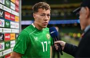 6 June 2025; Kasey McAteer of Republic of Ireland is interviewed after the international friendly match between Republic of Ireland and Senegal at the Aviva Stadium in Dublin. Photo by Stephen McCarthy/Sportsfile