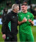 6 June 2025; Evan Ferguson of Republic of Ireland and goalkeeping coach Gudmundur Hreidarsson after the international friendly match between Republic of Ireland and Senegal at the Aviva Stadium in Dublin. Photo by Stephen McCarthy/Sportsfile