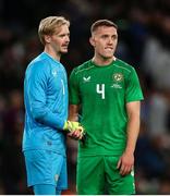 6 June 2025; Republic of Ireland goalkeeper Caoimhin Kelleher, left, and Dara O'Shea of Republic of Ireland after the international friendly match between Republic of Ireland and Senegal at the Aviva Stadium in Dublin. Photo by Michael P Ryan/Sportsfile
