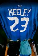 6 June 2025; The jersey of goalkeeper Josh Keeley hangs in the Republic of Ireland dressing room before the international friendly match between Republic of Ireland and Senegal at the Aviva Stadium in Dublin. Photo by Stephen McCarthy/Sportsfile