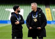 6 June 2025; Republic of Ireland strength and conditioning coach Pepe Lázaro Ramírez and head coach Heimir Hallgrimsson, right, before the international friendly match between Republic of Ireland and Senegal at the Aviva Stadium in Dublin. Photo by Stephen McCarthy/Sportsfile