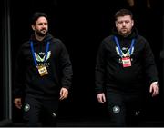 6 June 2025; Republic of Ireland strength and conditioning coach Pepe Lázaro Ramírez and performance analyst Shane Power, right, before the international friendly match between Republic of Ireland and Senegal at the Aviva Stadium in Dublin. Photo by Stephen McCarthy/Sportsfile