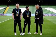 6 June 2025; Republic of Ireland staff, from left, goalkeeping coach Gudmundur Hreidarsson, strength and conditioning coach Pepe Lázaro Ramírez and head coach Heimir Hallgrimsson before the international friendly match between Republic of Ireland and Senegal at the Aviva Stadium in Dublin. Photo by Stephen McCarthy/Sportsfile