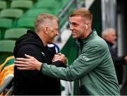 6 June 2025; Killian Phillips of Republic of Ireland and head coach Heimir Hallgrimsson before the international friendly match between Republic of Ireland and Senegal at the Aviva Stadium in Dublin. Photo by Stephen McCarthy/Sportsfile