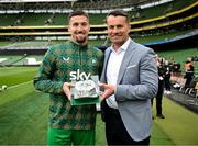 6 June 2025; Matt Doherty of Republic of Ireland is presented with his 50th cap by Shay Given before the international friendly match between Republic of Ireland and Senegal at the Aviva Stadium in Dublin. Photo by Stephen McCarthy/Sportsfile
