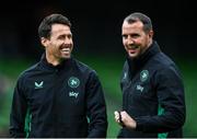 6 June 2025; Republic of Ireland assistant coach Paddy McCarthy and assistant head coach John O'Shea, right, before the international friendly match between Republic of Ireland and Senegal at the Aviva Stadium in Dublin. Photo by Stephen McCarthy/Sportsfile