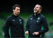 6 June 2025; Republic of Ireland assistant coach Paddy McCarthy and assistant head coach John O'Shea, right, before the international friendly match between Republic of Ireland and Senegal at the Aviva Stadium in Dublin. Photo by Stephen McCarthy/Sportsfile