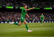 6 June 2025; Kasey McAteer of Republic of Ireland celebrates after scoring his side's goal during the international friendly match between Republic of Ireland and Senegal at the Aviva Stadium in Dublin. Photo by Stephen McCarthy/Sportsfile