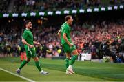 6 June 2025; Kasey McAteer of Republic of Ireland celebrates after scoring his side's goal during the international friendly match between Republic of Ireland and Senegal at the Aviva Stadium in Dublin. Photo by Stephen McCarthy/Sportsfile