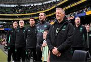 6 June 2025; Special guest Mason Geraghty stands with staff, from right, head coach Heimir Hallgrimsson, assistant head coach John O'Shea, assistant coach Paddy McCarthy, goalkeeping coach Gudmundur Hreidarsson and head of athletic performance Damien Doyle before the international friendly match between Republic of Ireland and Senegal at the Aviva Stadium in Dublin. Photo by Stephen McCarthy/Sportsfile