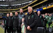 6 June 2025; Special guest Mason Geraghty stands with staff, from right, head coach Heimir Hallgrimsson, assistant head coach John O'Shea, assistant coach Paddy McCarthy, goalkeeping coach Gudmundur Hreidarsson and head of athletic performance Damien Doyle before the international friendly match between Republic of Ireland and Senegal at the Aviva Stadium in Dublin. Photo by Stephen McCarthy/Sportsfile