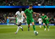 6 June 2025; Robbie Brady of Republic of Ireland in action against Antoine Mendy of Senegal during the international friendly match between Republic of Ireland and Senegal at the Aviva Stadium in Dublin. Photo by Stephen McCarthy/Sportsfile
