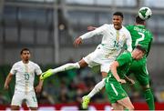 6 June 2025; Ismail Jakobs of Senegal in action against Evan Ferguson and Matt Doherty of Republic of Ireland during the international friendly match between Republic of Ireland and Senegal at the Aviva Stadium in Dublin. Photo by Stephen McCarthy/Sportsfile