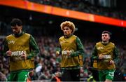 6 June 2025; John Joe Patrick Finn of Republic of Ireland, centre, warms-up before the international friendly match between Republic of Ireland and Senegal at the Aviva Stadium in Dublin. Photo by Stephen McCarthy/Sportsfile