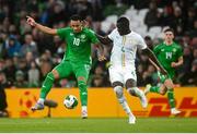 6 June 2025; Adam Idah of Republic of Ireland and Abdoulaye Seck of Senegal during the international friendly match between Republic of Ireland and Senegal at the Aviva Stadium in Dublin. Photo by Stephen McCarthy/Sportsfile