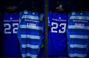 7 June 2025; The jerseys of Ross Byrne and Ciarán Frawley in the Leinster dressingroom before the United Rugby Championship semi-final match between Leinster and Glasgow Warriors at the Aviva Stadium in Dublin. Photo by Brendan Moran/Sportsfile