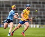 7 June 2025; Luke Madden of Clare in action against Jack Mills of Dublin during the Electric Ireland Celtic Challenge Corn John Scott final match between Clare and Dublin at FBD Semple Stadium in Thurles, Tipperary. Photo by Michael P Ryan/Sportsfile