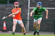 7 June 2025; Ruari McPhilips of Armagh in action against Ciaran Kellther of Kildare during the Electric Ireland Celtic Challenge Corn Jerome O’Leary final match between Kildare and Armagh at the GAA National Games Development Centre in Abbotstown, Dublin. Photo by Stephen Marken/Sportsfile