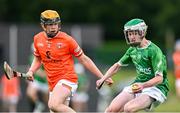 7 June 2025; Seán Tobin of Kildare in action against Eoin Murphy of Armagh during the Electric Ireland Celtic Challenge Corn Jerome O’Leary final match between Kildare and Armagh at the GAA National Games Development Centre in Abbotstown, Dublin. Photo by Stephen Marken/Sportsfile