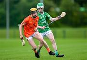7 June 2025; Eoin Murphy of Armagh in action against Seán Tobin of Kildare during the Electric Ireland Celtic Challenge Corn Jerome O’Leary final match between Kildare and Armagh at the GAA National Games Development Centre in Abbotstown, Dublin. Photo by Stephen Marken/Sportsfile