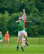 7 June 2025; Elliot Dwyer of Kildare in action against Sé McConnell of Armagh during the Electric Ireland Celtic Challenge Corn Jerome O’Leary final match between Kildare and Armagh at the GAA National Games Development Centre in Abbotstown, Dublin. Photo by Stephen Marken/Sportsfile