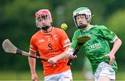 7 June 2025; Seán Tobin of Kildare in action against Ruari McPhilips of Armagh during the Electric Ireland Celtic Challenge Corn Jerome O’Leary final match between Kildare and Armagh at the GAA National Games Development Centre in Abbotstown, Dublin. Photo by Stephen Marken/Sportsfile