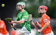 7 June 2025; Seán Tobin of Kildare in action against Ruari McPhilips of Armagh during the Electric Ireland Celtic Challenge Corn Jerome O’Leary final match between Kildare and Armagh at the GAA National Games Development Centre in Abbotstown, Dublin. Photo by Stephen Marken/Sportsfile