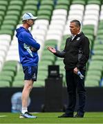 7 June 2025; Leinster head coach Leo Cullen, left, and Glasgow Warriors head coach Franco Smith before the United Rugby Championship semi-final match between Leinster and Glasgow Warriors at the Aviva Stadium in Dublin. Photo by Brendan Moran/Sportsfile
